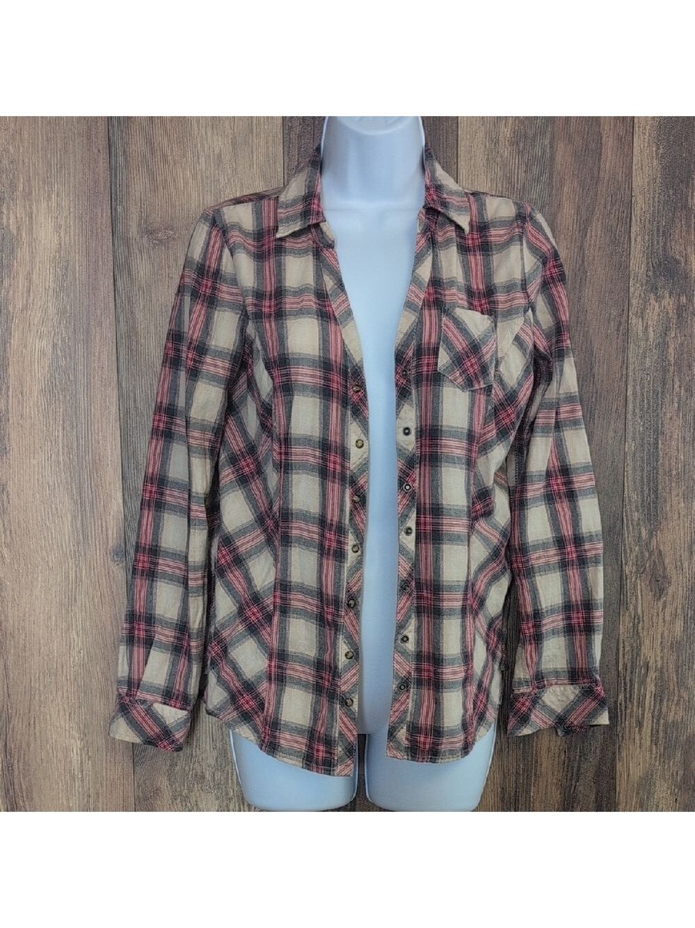 Sonoma Red/Tan Plaid Women's Flannel Snap Button Down Shirt S       H108